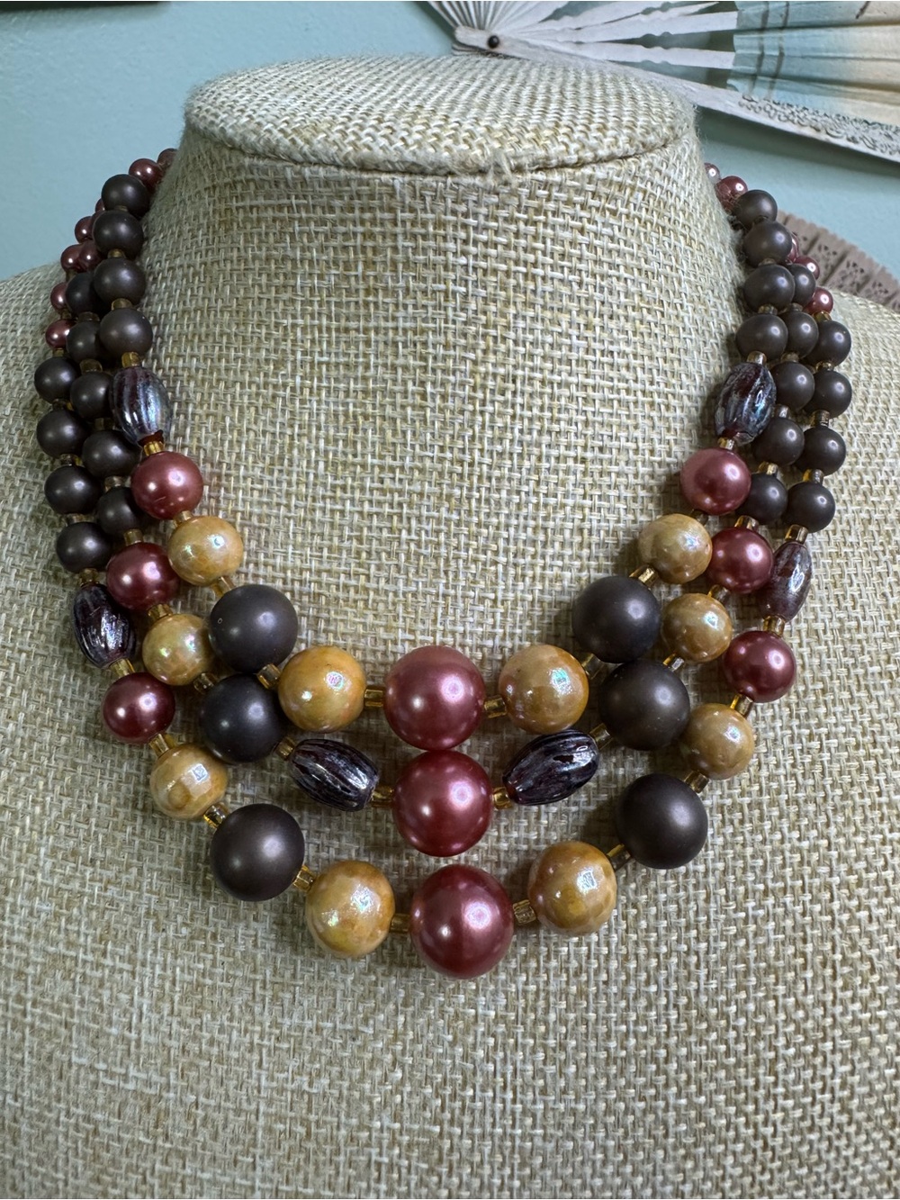 Vintage Brown, Gold & Burgundy Multi-Strand Beaded Necklace - Japan